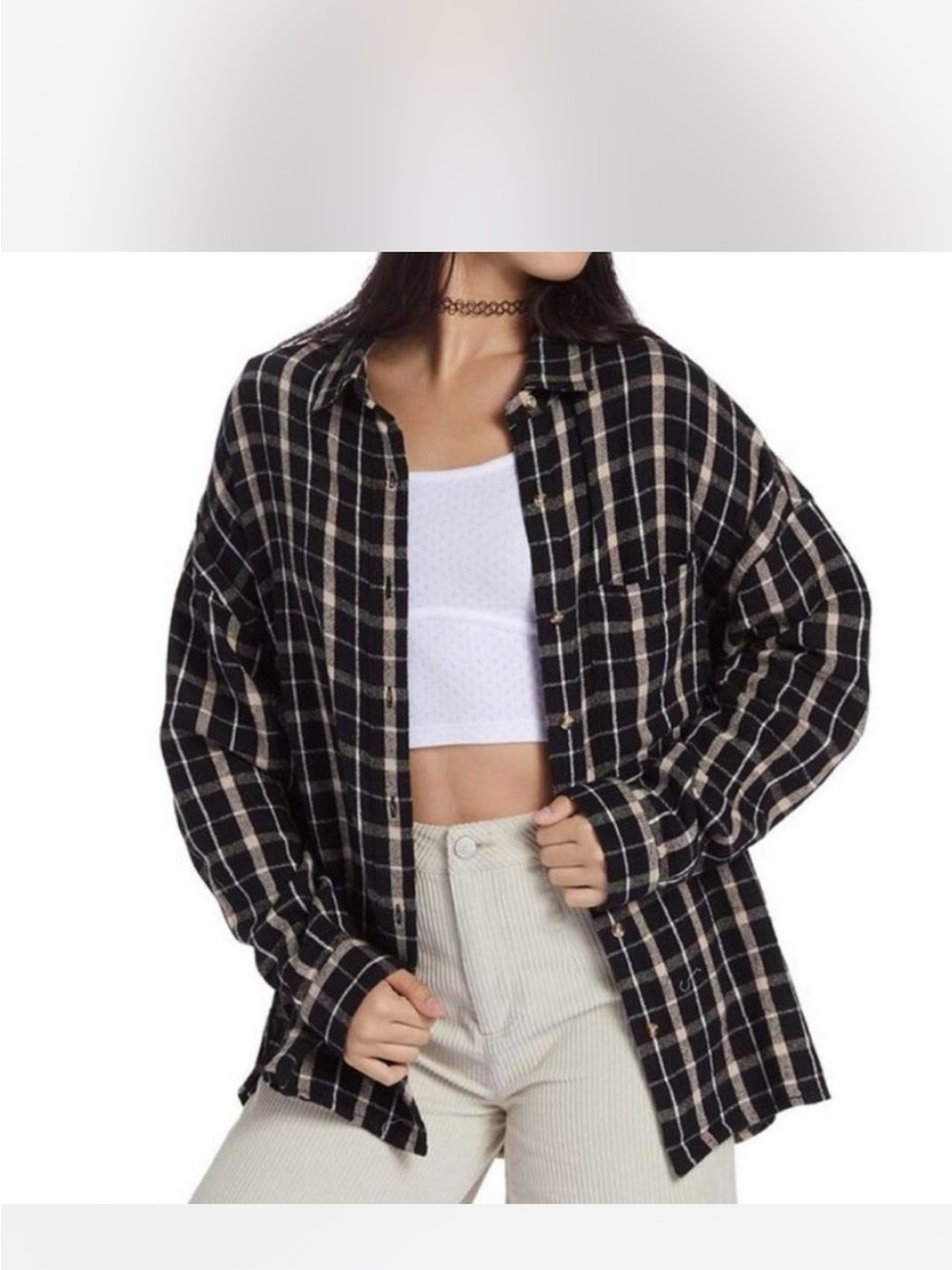 Roxy Classic Black Plaid Button-Up Flannel Woman Shirt.